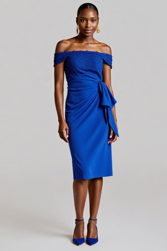 Royal Blue Off the Shoulder Midi Tie Front Satin Work Dress with Lace