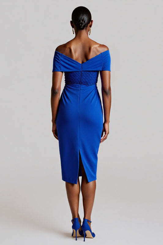 Royal Blue Off the Shoulder Midi Tie Front Satin Work Dress with Lace