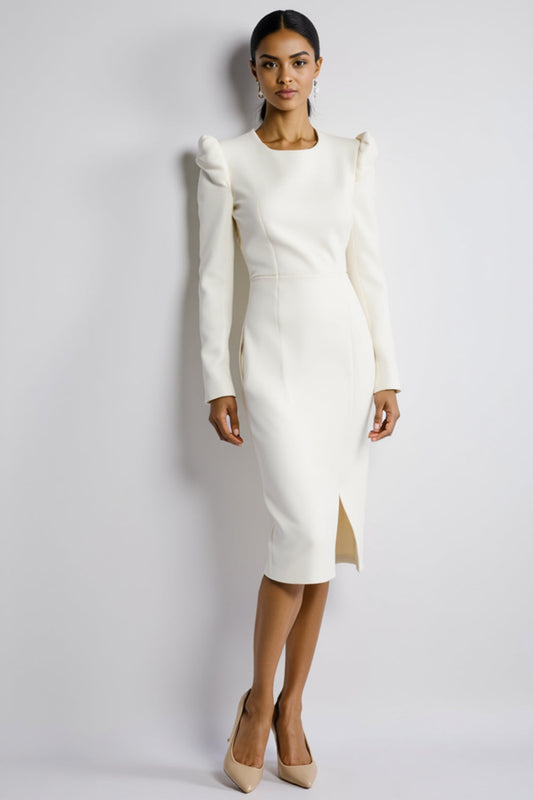 White Bodycon Satin Long Sleeves Midi Work Dress with Slit