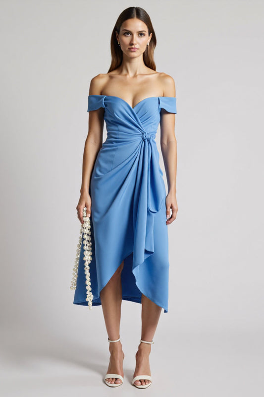 Blue Off the Shoulder Ruched Midi Work Dress with Ruffles