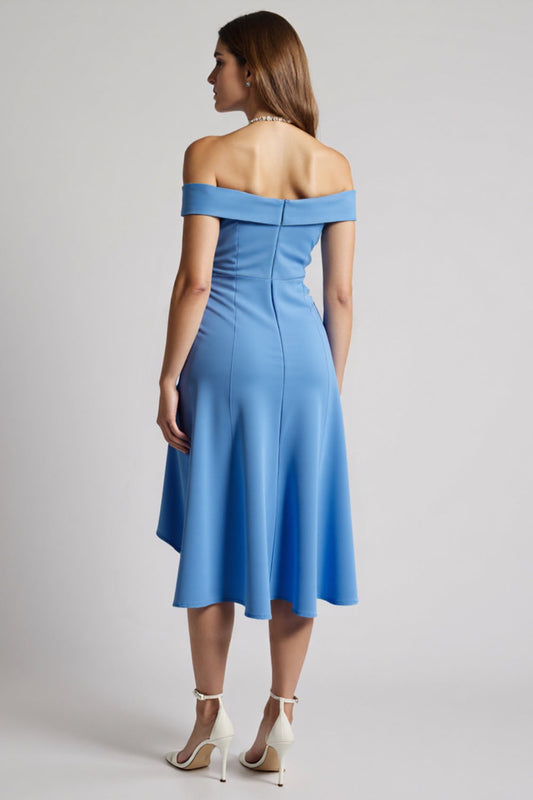 Blue Off the Shoulder Ruched Midi Work Dress with Ruffles
