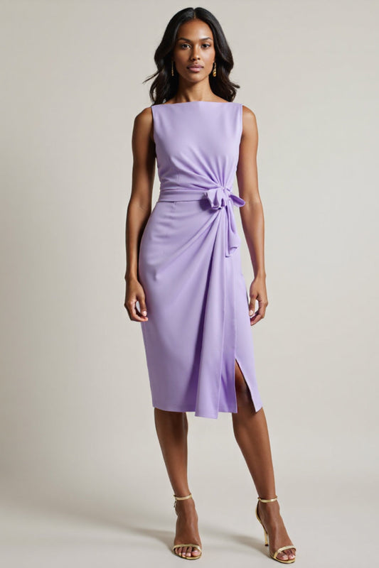 Purple Tie Front Bodycon Midi Ruched Work Dress with Slit