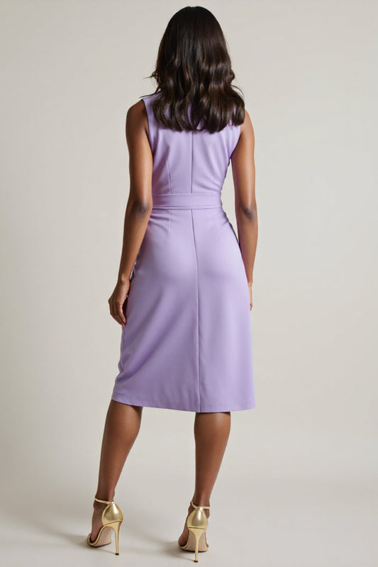 Purple Tie Front Bodycon Midi Ruched Work Dress with Slit