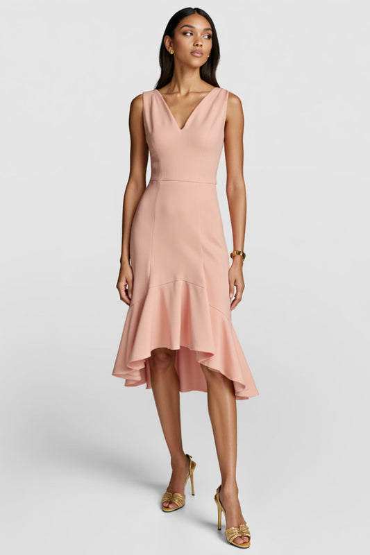 Blush Satin V-Neck Midi Work Dress with Ruffles