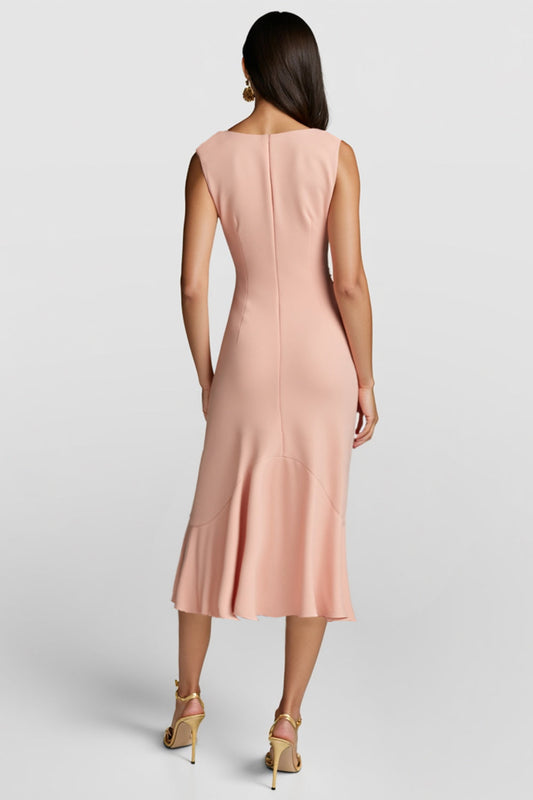 Blush Satin V-Neck Midi Work Dress with Ruffles