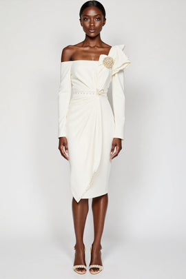 White One Shoulder Bodycon Ruffled Midi Work Dress with Long Sleeves