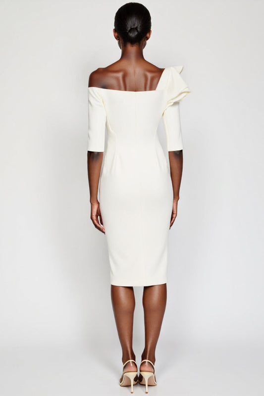 White One Shoulder Bodycon Ruffled Midi Work Dress with Long Sleeves