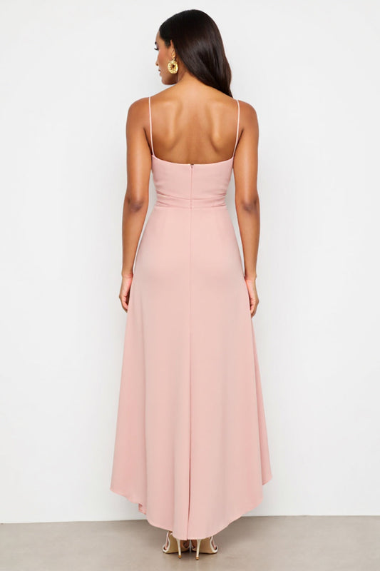 Blush Spaghetti Straps Sheath High-Low Ruched Work Dress