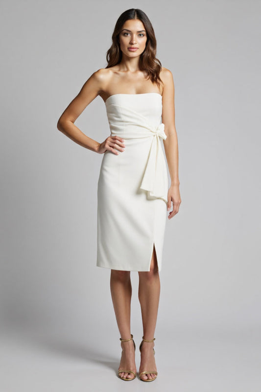 White Satin Strapless Bodycon Ruffled Midi Work Dress with Slit
