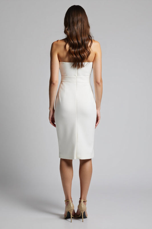 White Satin Strapless Bodycon Ruffled Midi Work Dress with Slit