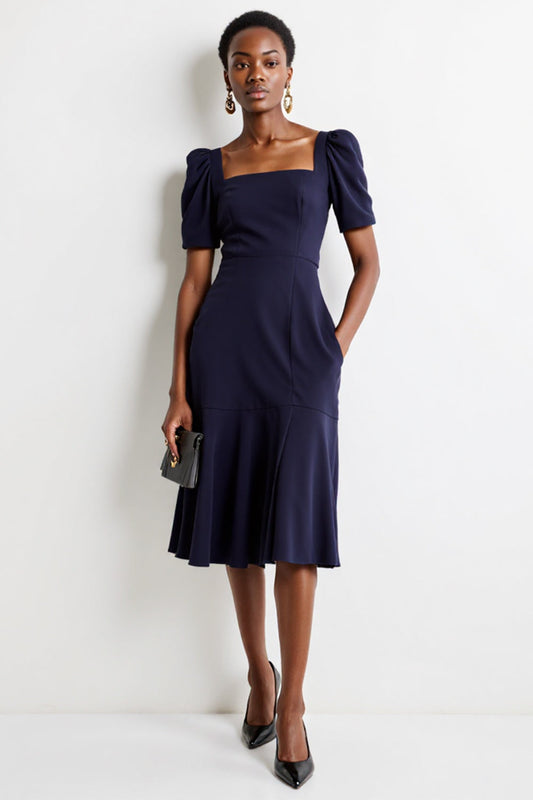 Navy A Line Satin Square Neck Midi Work Dress with Pockets