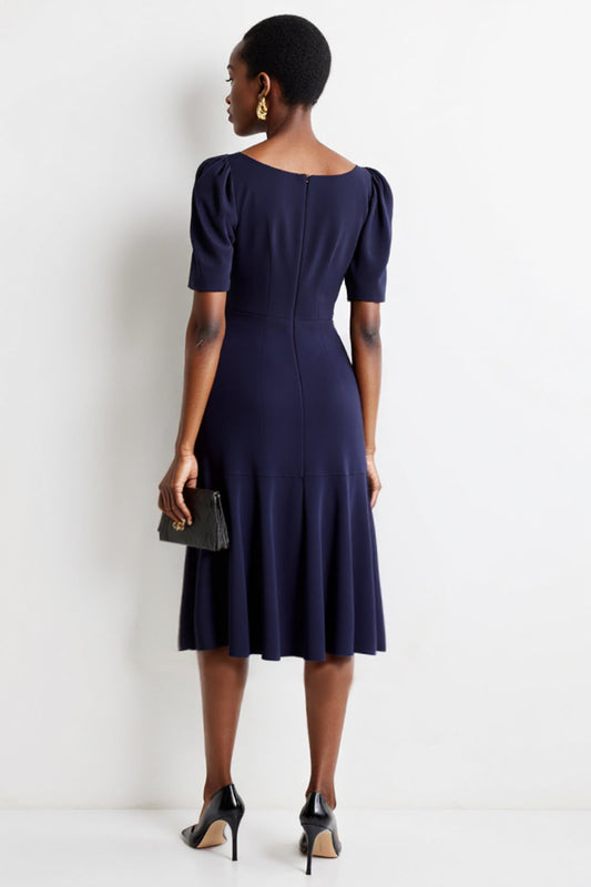 Navy A Line Satin Square Neck Midi Work Dress with Pockets