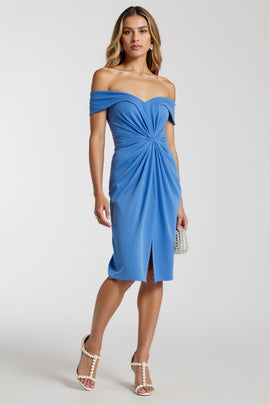 Blue Bodycon Satin Off the Shoulder Short Ruched Work Dress with Slit