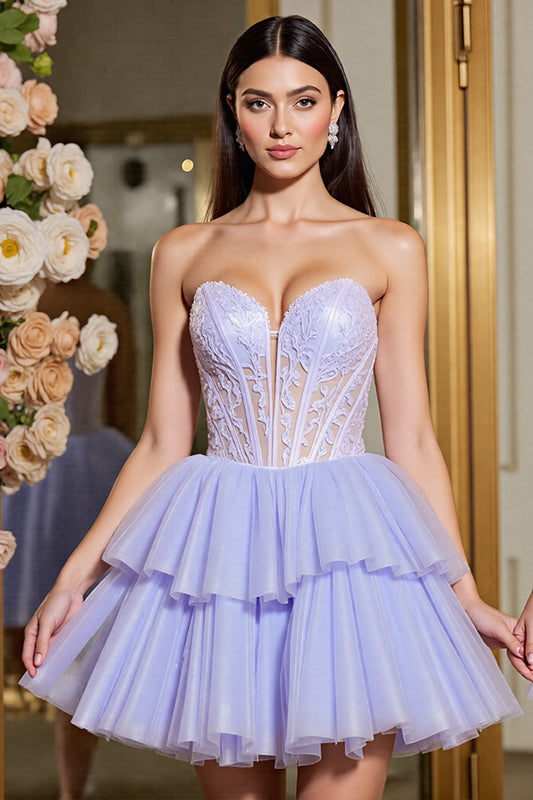 Lavender Tulle Corset Short A Line Homecoming Dress with Appliques