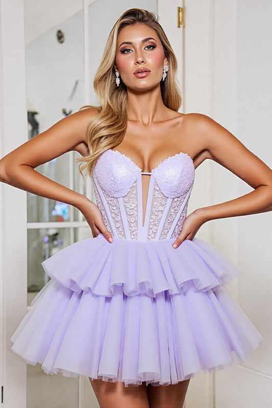 Lavender Corset Tulle A Line Sweetheart Short Homecoming Dress