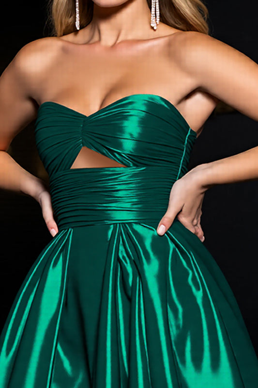 Dark Green Satin A Line Strapless Short Ruched Homecoming Dress