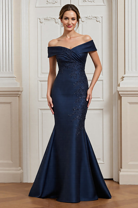 Navy Satin Mermaid Off the Shoulder Long Mother of the Bride Dress