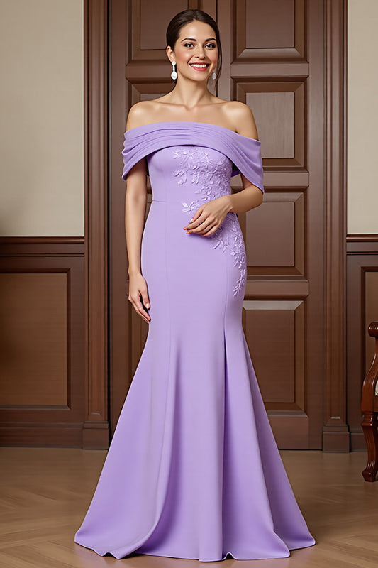 Lilac Satin Long Mermaid Mother of the Bride Dress with Appliques