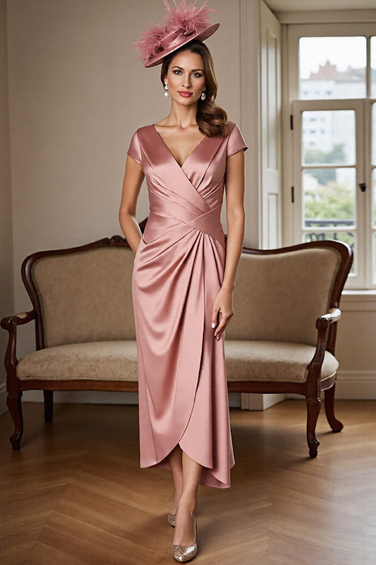 Dusty Rose Sheath Satin V-Neck Long Ruched Mother of the Bride Dress