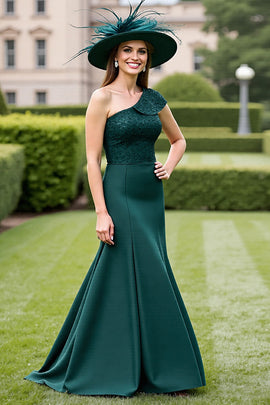 Pine Satin One Shoulder Long Mother of the Bride Dress with Appliques