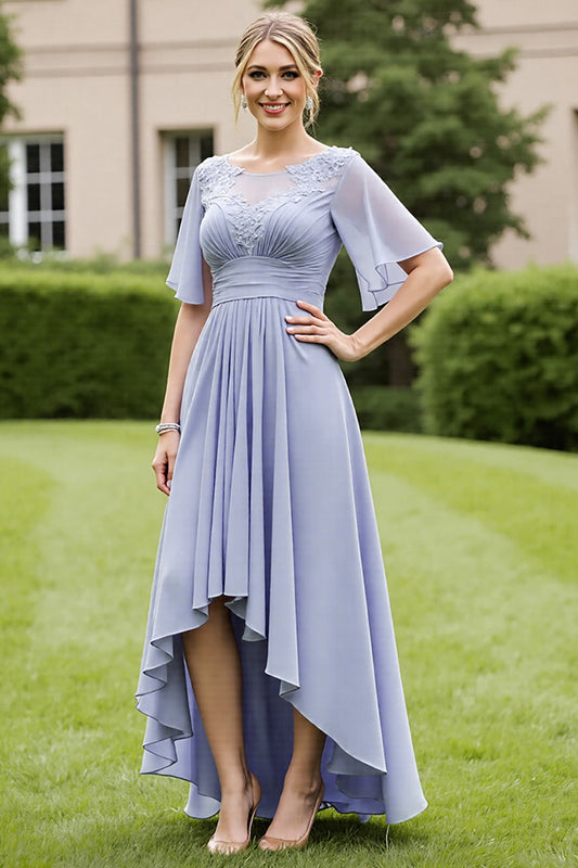 Grey Blue Chiffon A Line High-Low Mother of the Bride Dress with Appliques
