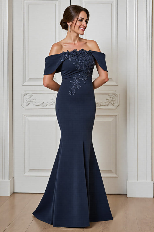 Satin Navy Off the Shoulder Long Mother of the Bride Dress with Appliques