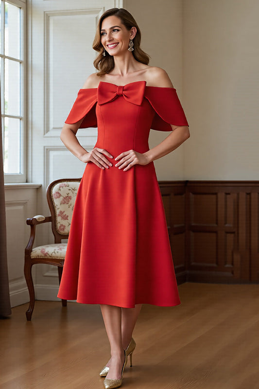 Red A Line Satin Off the Shoulder Midi Mother of the Bride Dress with Bow