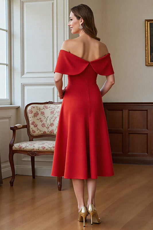 Red A Line Satin Off the Shoulder Midi Mother of the Bride Dress with Bow