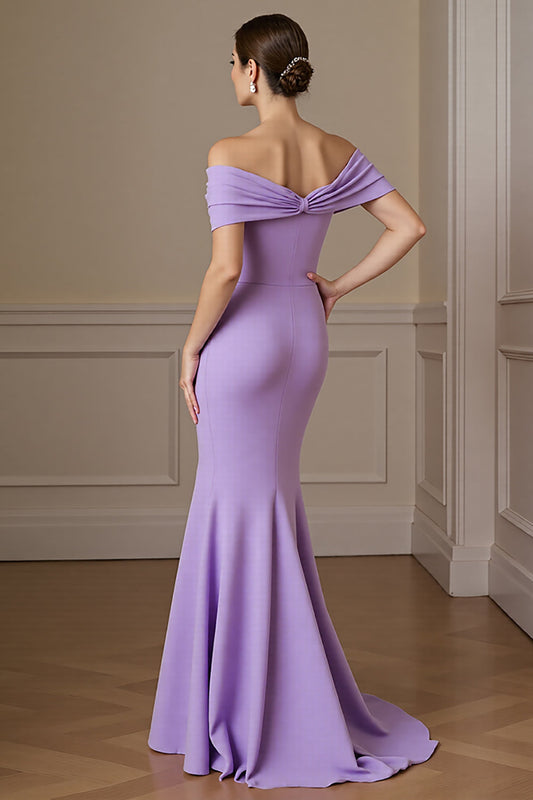 Lilac Satin Mermaid Off the Shoulder Long Mother of the Bride Dress