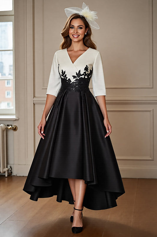 Black and White V-Neck Long Satin Mother of the Bride Dress with Sleeves