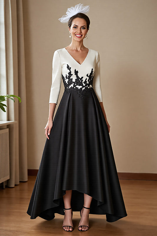 Black and White Satin A Line Long Mother of the Bride Dress with Sleeves