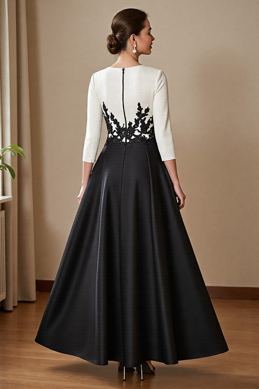 Black and White Satin A Line Long Mother of the Bride Dress with Sleeves