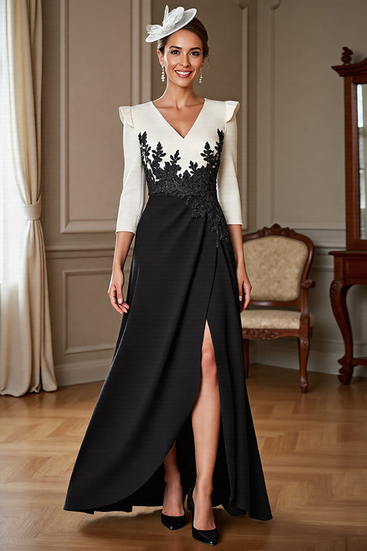 Black and White Satin V-Neck Long Mother of the Bride Dress with Slit