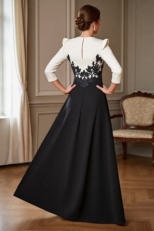 Black and White Satin V-Neck Long Mother of the Bride Dress with Slit