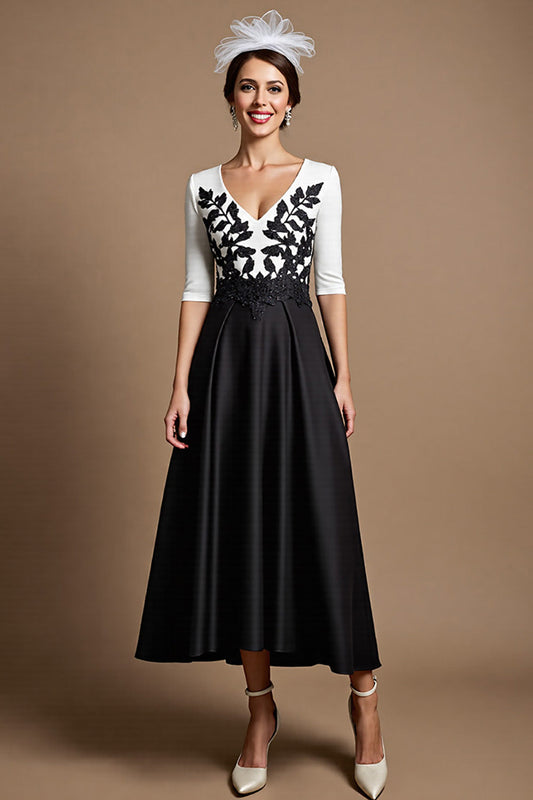 Black and White Satin Long Floral Mother of the Bride Dress with Appliques