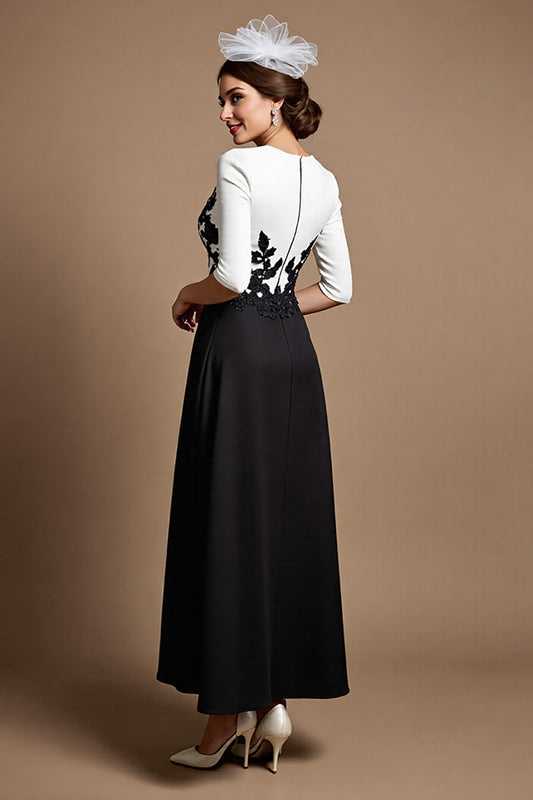 Black and White Satin Long Floral Mother of the Bride Dress with Appliques