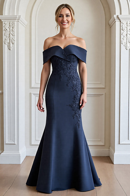 Navy Mermaid Long Satin Mother of the Bride Dress with Appliques