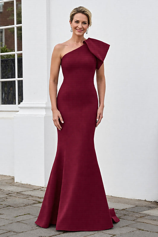 Burgundy Mermaid One Shoulder Long Satin Mother of the Bride Dress