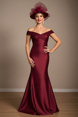 Burgundy Mermaid Long Satin Mother of the Bride Dress with Appliques