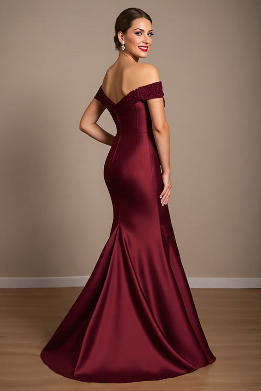 Burgundy Mermaid Long Satin Mother of the Bride Dress with Appliques