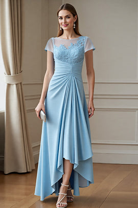 Sky Blue A Line Chiffon Long Ruched Mother of the Bride Dress with Lace