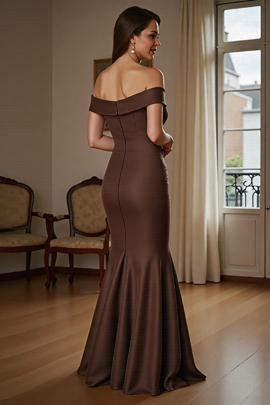 Brown Satin Off the Shoulder Long Mother of the Bride Dress with Ruched