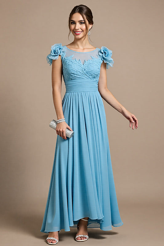 Sky Blue Chiffon Long Floral Mother of the Bride Dress with Appliques