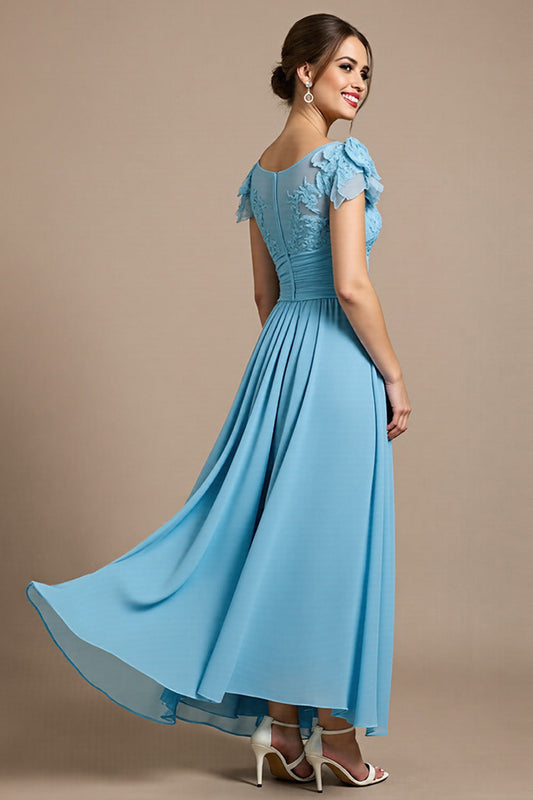 Sky Blue Chiffon Long Floral Mother of the Bride Dress with Appliques