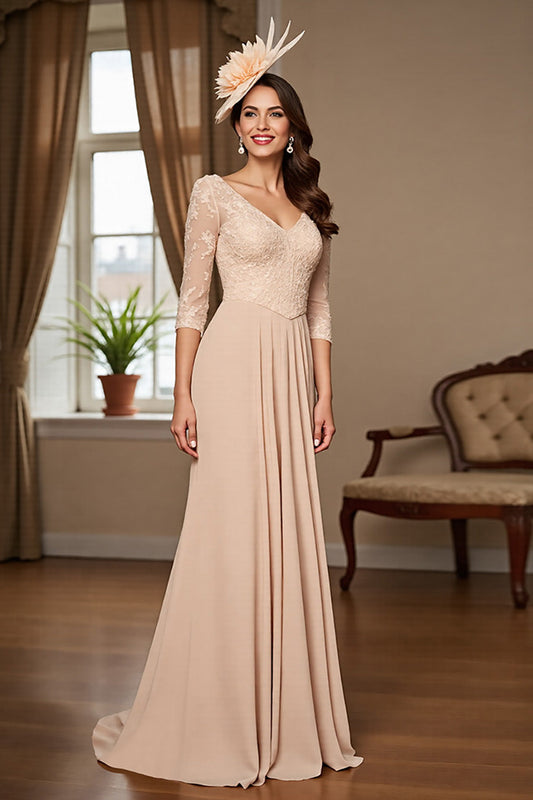 Apricot Satin A Line Long Mother of the Bride Dress with Sleeves