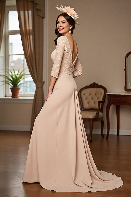 Apricot Satin A Line Long Mother of the Bride Dress with Sleeves