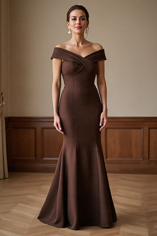 Brown Satin Off the Shoulder Long Mermaid Mother of the Bride Dress