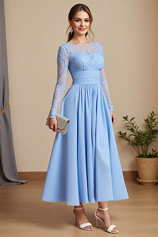 Sky Blue Chiffon A Line Long Mother of the Bride Dress with Lace Sleeves