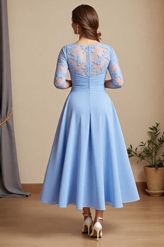 Sky Blue Chiffon A Line Long Mother of the Bride Dress with Lace Sleeves