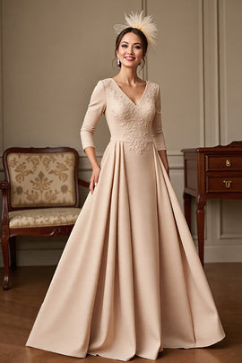 Apricot Satin A Line V-Neck Long Mother of the Bride Dress with Lace